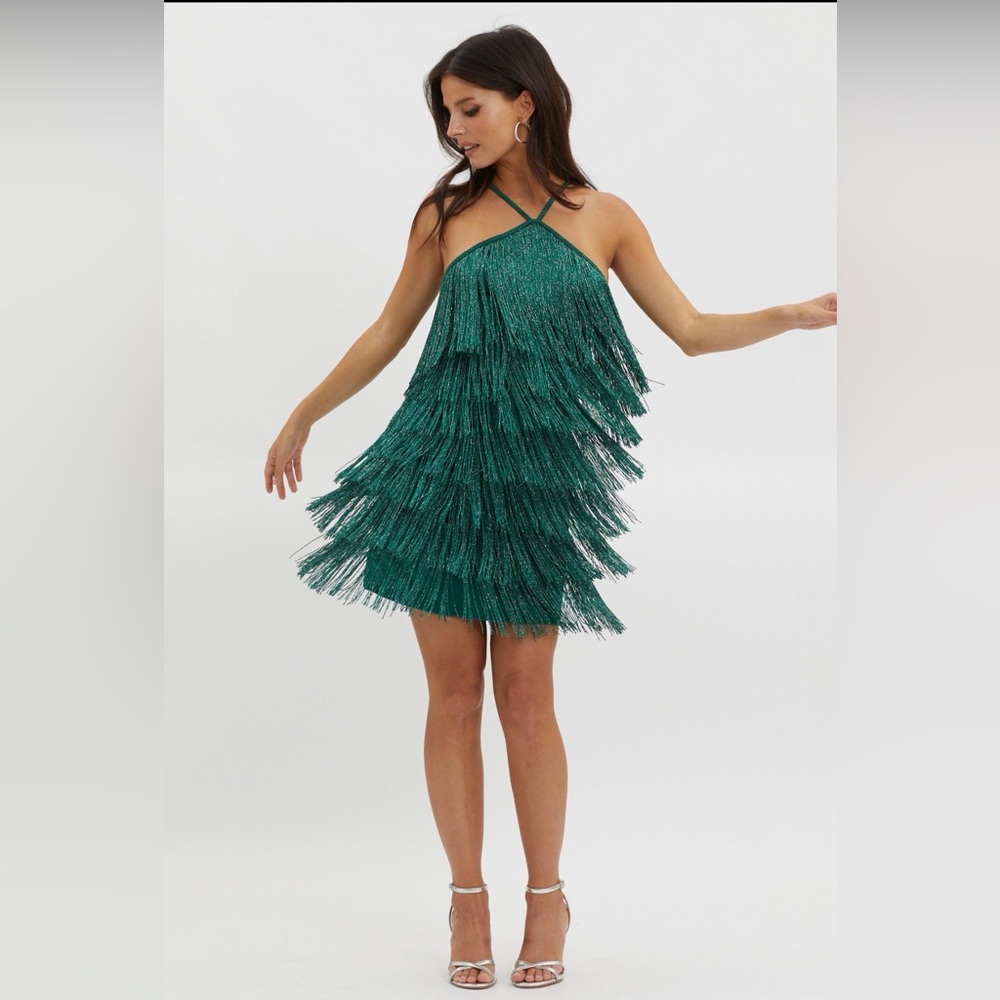 Fringe Trim Mini Dress Dark Green